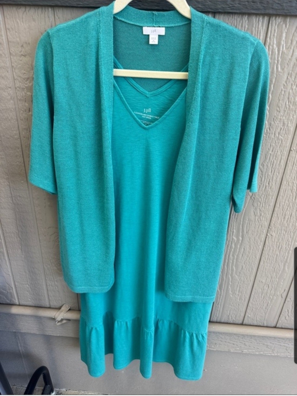 J.Jill Flounced-Hem V-Neck Knit Dress in Teal & Matching Short Sleeve Cardigan